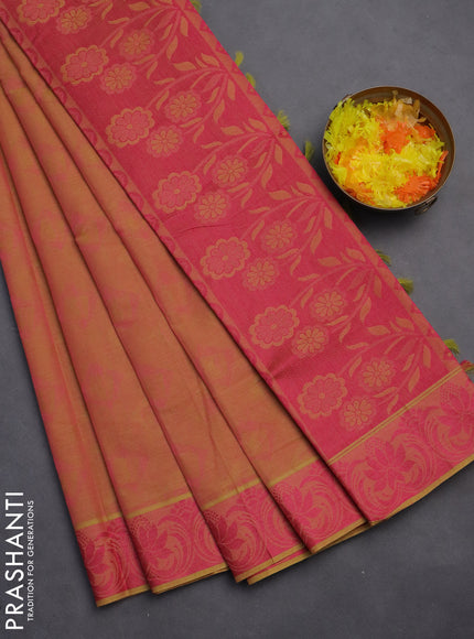 Coimbatore cotton saree dual shade of yellowish pink and pink with allover self emboss and thread woven border