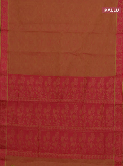Coimbatore cotton saree dual shade of yellowish pink and pink with allover self emboss and thread woven border