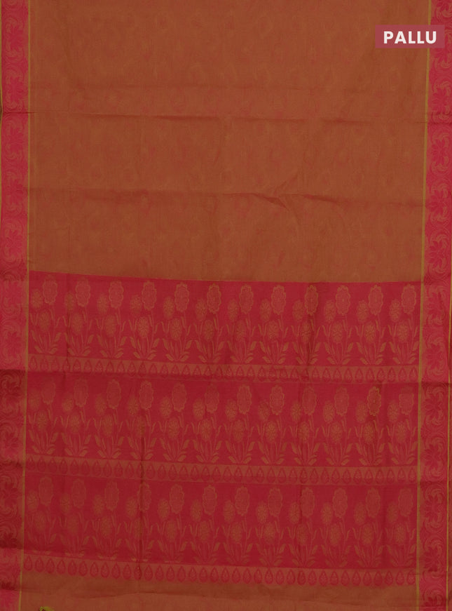 Coimbatore cotton saree dual shade of yellowish pink and pink with allover self emboss and thread woven border