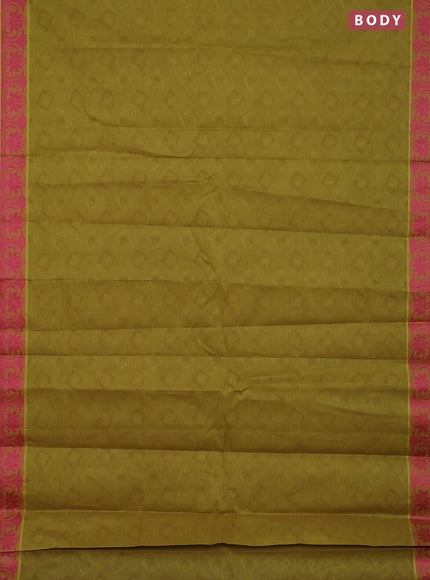 Coimbatore cotton saree mustard green and pink with allover self emboss and thread woven border