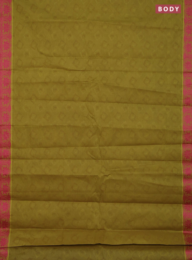 Coimbatore cotton saree mustard green and pink with allover self emboss and thread woven border