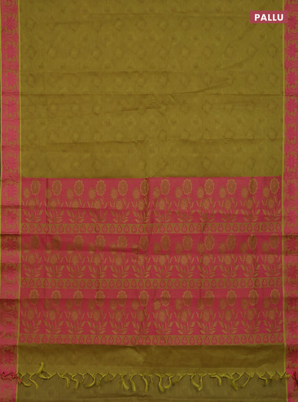 Coimbatore cotton saree mustard green and pink with allover self emboss and thread woven border