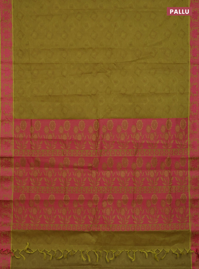 Coimbatore cotton saree mustard green and pink with allover self emboss and thread woven border