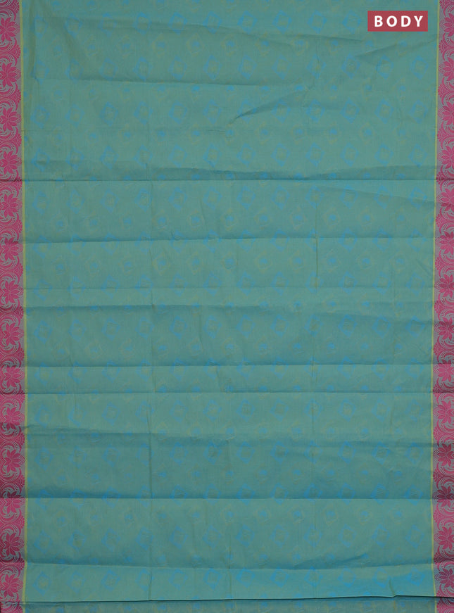 Coimbatore cotton saree dual shade of bluish green and pink with allover self emboss and thread woven border