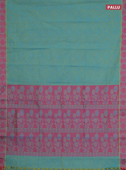 Coimbatore cotton saree dual shade of bluish green and pink with allover self emboss and thread woven border