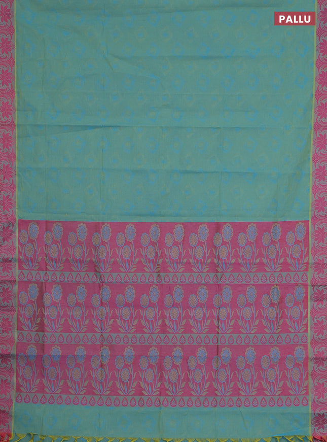 Coimbatore cotton saree dual shade of bluish green and pink with allover self emboss and thread woven border