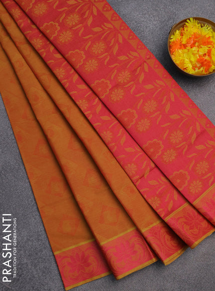 Coimbatore cotton saree dual shade of dark mustard and pink with allover self emboss and thread woven border