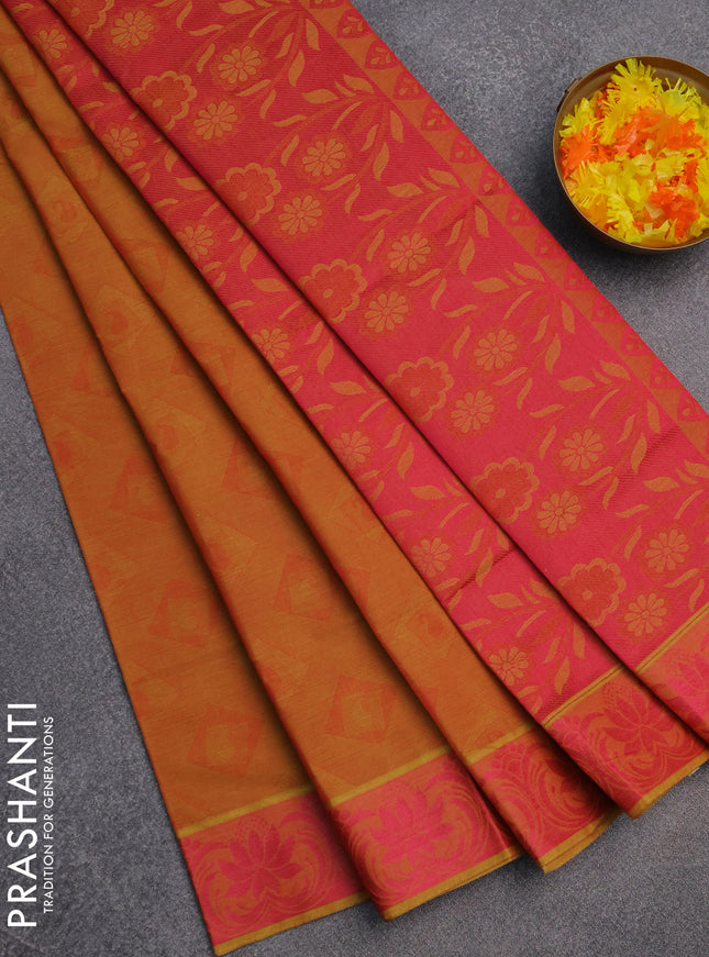 Coimbatore cotton saree dual shade of dark mustard and pink with allover self emboss and thread woven border