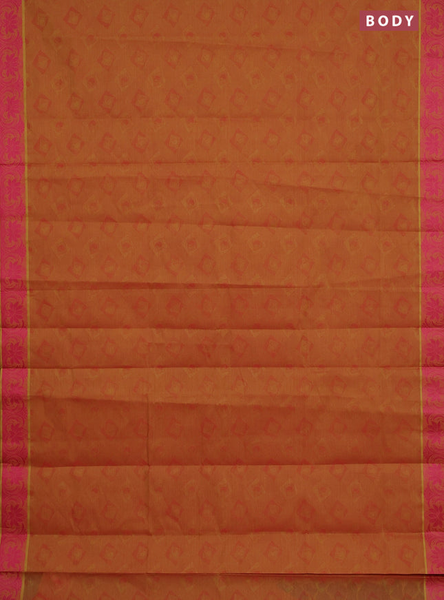 Coimbatore cotton saree dual shade of dark mustard and pink with allover self emboss and thread woven border