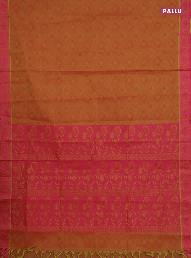 Coimbatore cotton saree dual shade of dark mustard and pink with allover self emboss and thread woven border