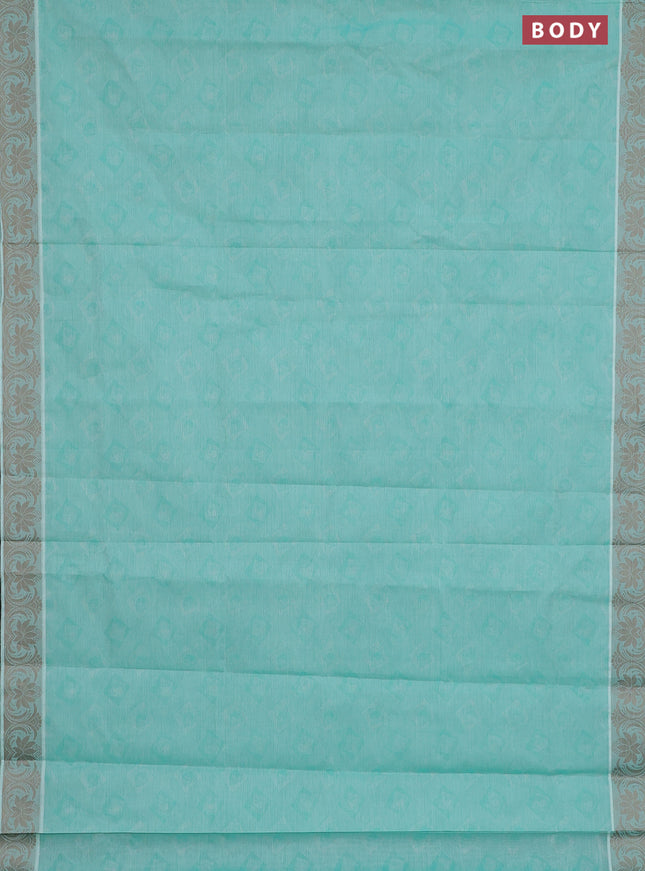 Coimbatore cotton saree mild teal green and beige with allover self emboss and thread woven border