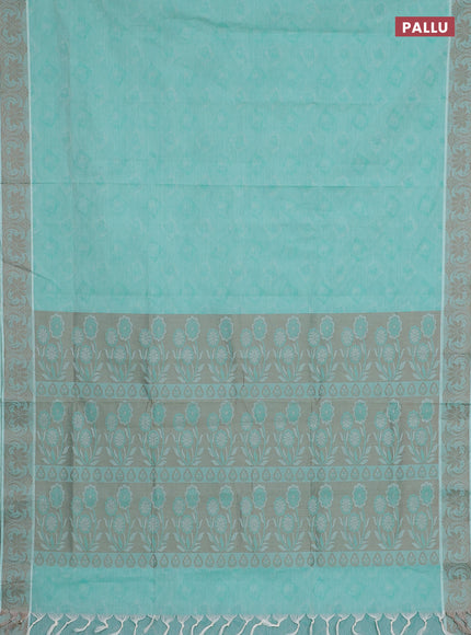 Coimbatore cotton saree mild teal green and beige with allover self emboss and thread woven border
