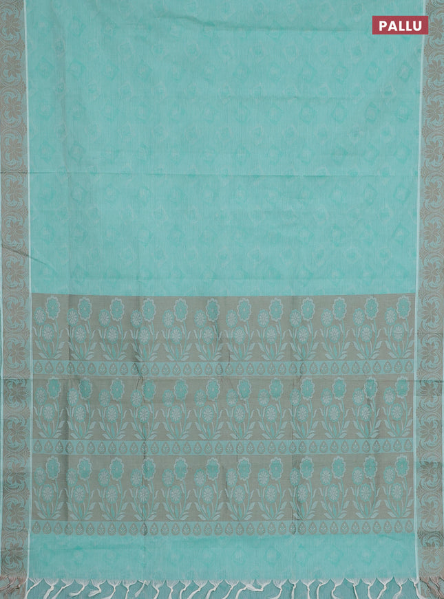 Coimbatore cotton saree mild teal green and beige with allover self emboss and thread woven border