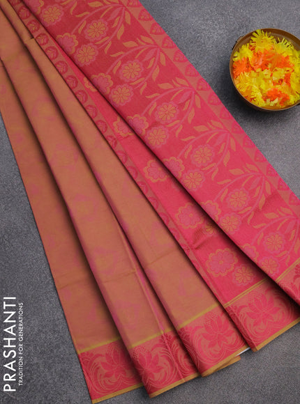 Coimbatore cotton saree dual shade of pinkish yellow and pink with allover self emboss and thread woven border