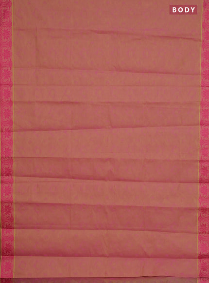 Coimbatore cotton saree dual shade of pinkish yellow and pink with allover self emboss and thread woven border