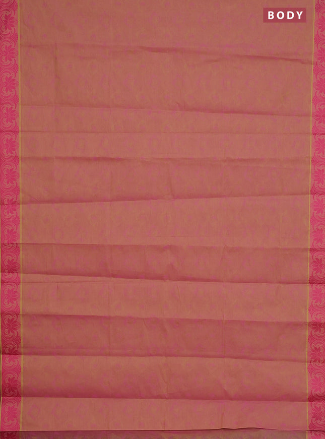Coimbatore cotton saree dual shade of pinkish yellow and pink with allover self emboss and thread woven border