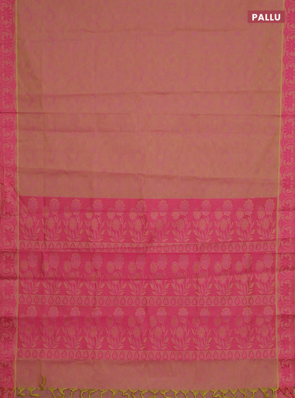 Coimbatore cotton saree dual shade of pinkish yellow and pink with allover self emboss and thread woven border