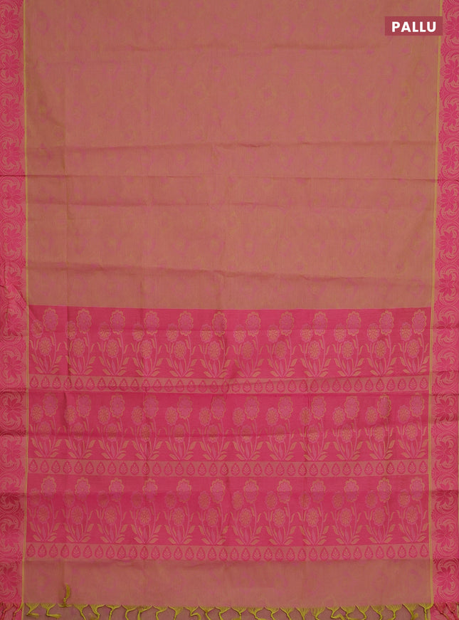 Coimbatore cotton saree dual shade of pinkish yellow and pink with allover self emboss and thread woven border