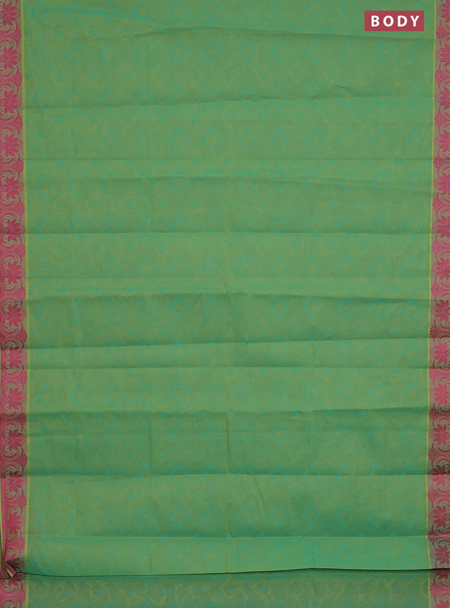 Coimbatore cotton saree dual shade of green and pink with allover self emboss and thread woven border