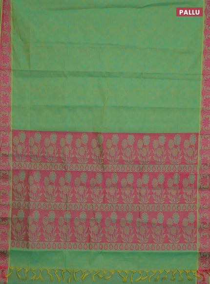 Coimbatore cotton saree dual shade of green and pink with allover self emboss and thread woven border
