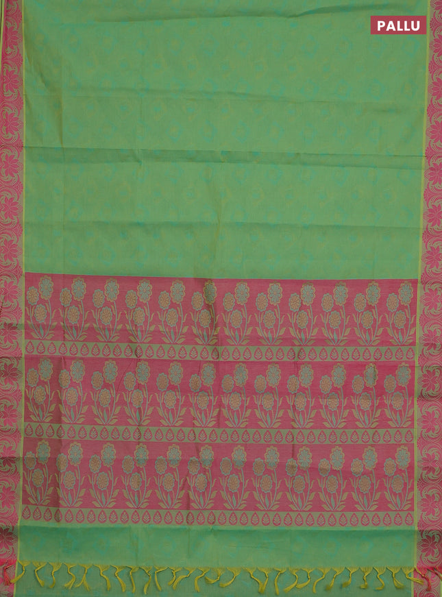 Coimbatore cotton saree dual shade of green and pink with allover self emboss and thread woven border