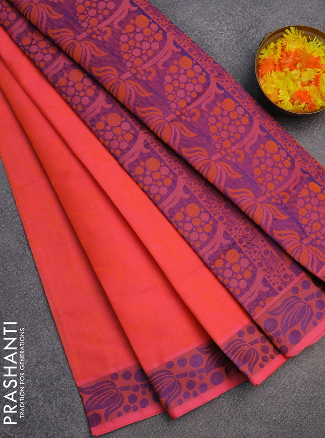 Coimbatore cotton saree dual shade of orange and blue with allover self emboss and thread woven border