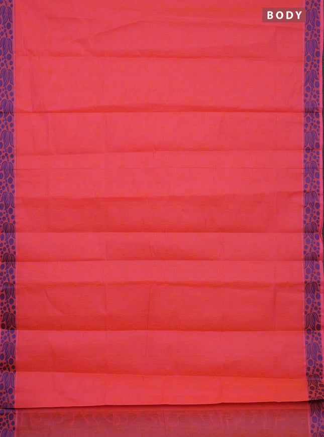 Coimbatore cotton saree dual shade of orange and blue with allover self emboss and thread woven border