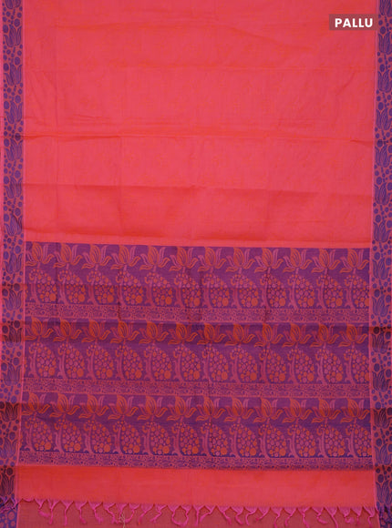Coimbatore cotton saree dual shade of orange and blue with allover self emboss and thread woven border