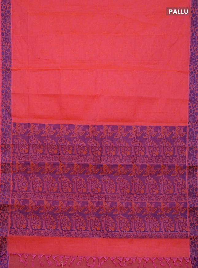Coimbatore cotton saree dual shade of orange and blue with allover self emboss and thread woven border
