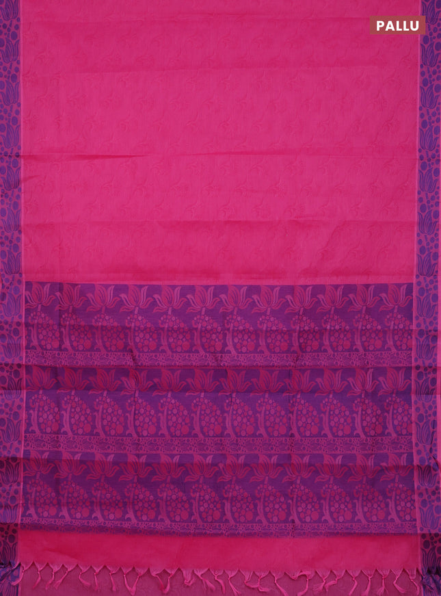 Coimbatore cotton saree pink and blue with allover self emboss and thread woven border