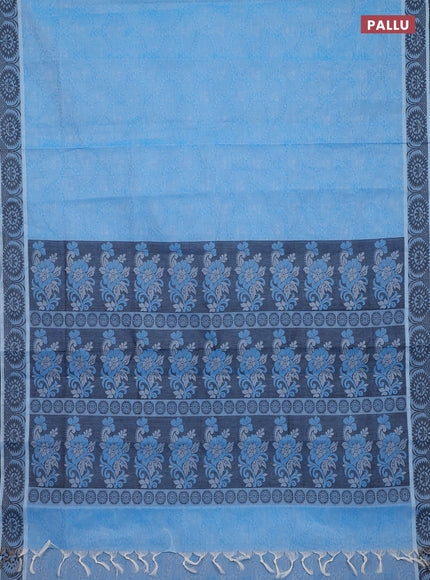Coimbatore cotton saree light blue and black with allover self emboss and thread woven border