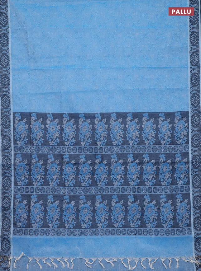 Coimbatore cotton saree light blue and black with allover self emboss and thread woven border