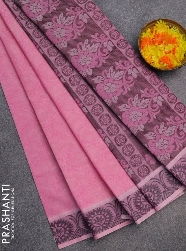Coimbatore cotton saree light pink and black with allover self emboss and thread woven border