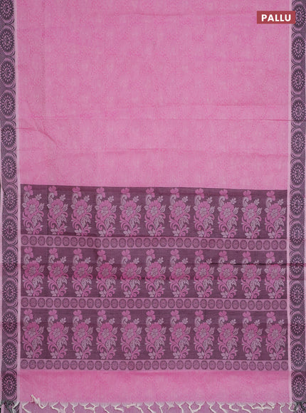 Coimbatore cotton saree light pink and black with allover self emboss and thread woven border