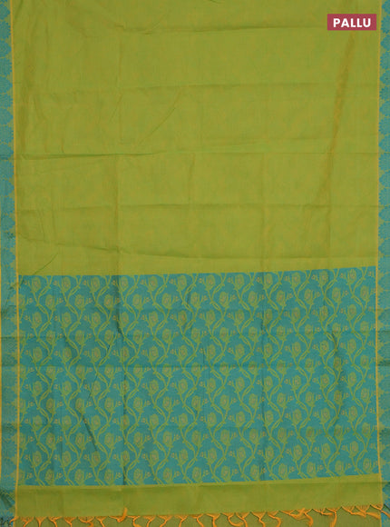 Coimbatore cotton saree light green and teal blue with allover self emboss and thread woven border