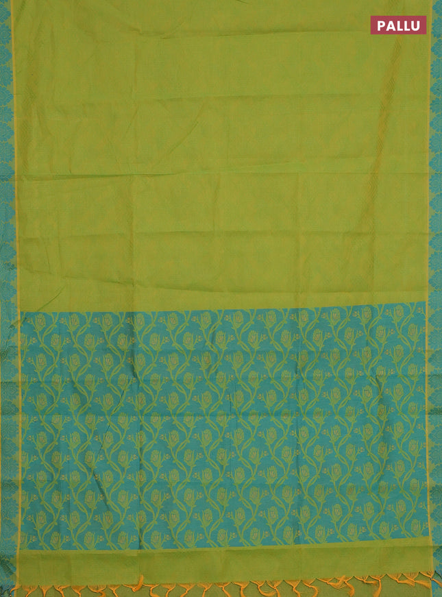 Coimbatore cotton saree light green and teal blue with allover self emboss and thread woven border