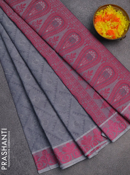 Coimbatore cotton saree grey and pink with allover self emboss and thread woven border
