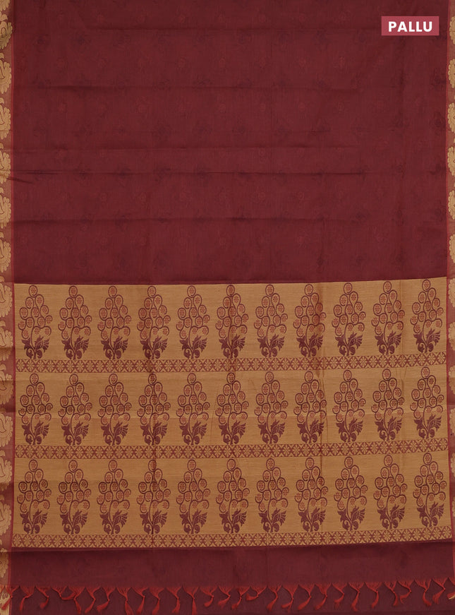 Coimbatore cotton saree brown shade with allover self emboss and thread woven border