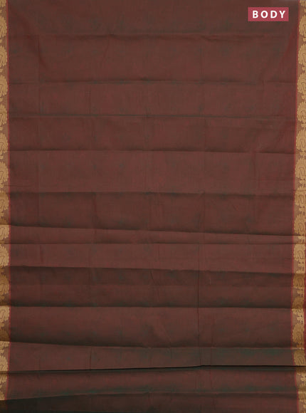 Coimbatore cotton saree dual shade of greenish maroon with allover self emboss and thread woven border