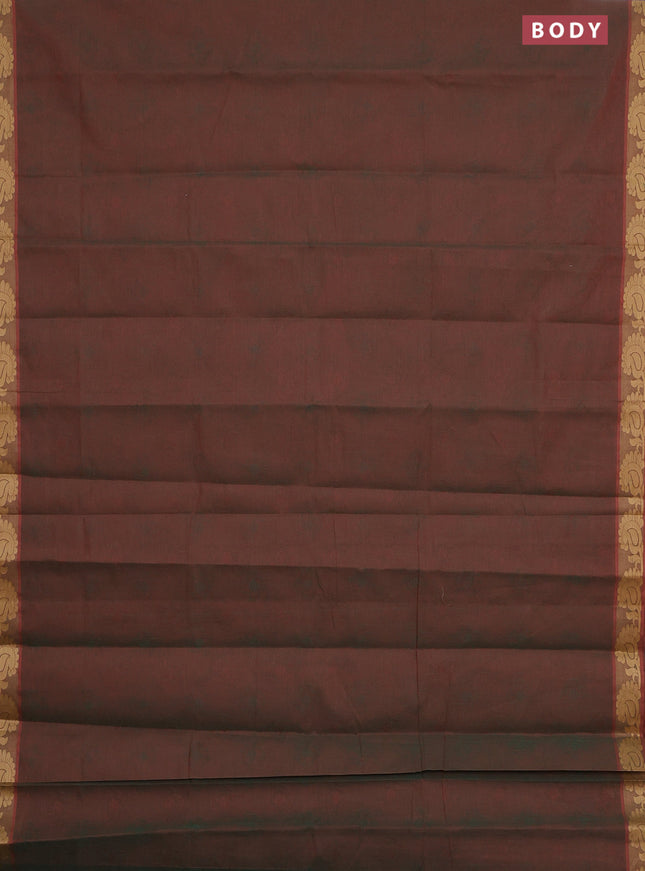 Coimbatore cotton saree dual shade of greenish maroon with allover self emboss and thread woven border