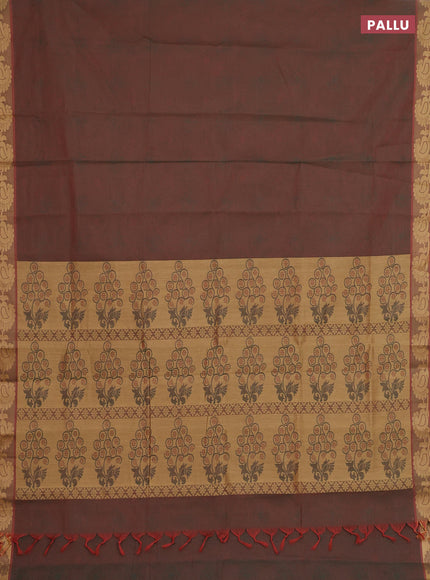 Coimbatore cotton saree dual shade of greenish maroon with allover self emboss and thread woven border