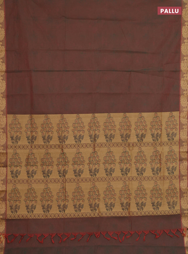 Coimbatore cotton saree dual shade of greenish maroon with allover self emboss and thread woven border