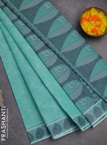 Coimbatore cotton saree teal gree shade with allover self emboss and thread woven border