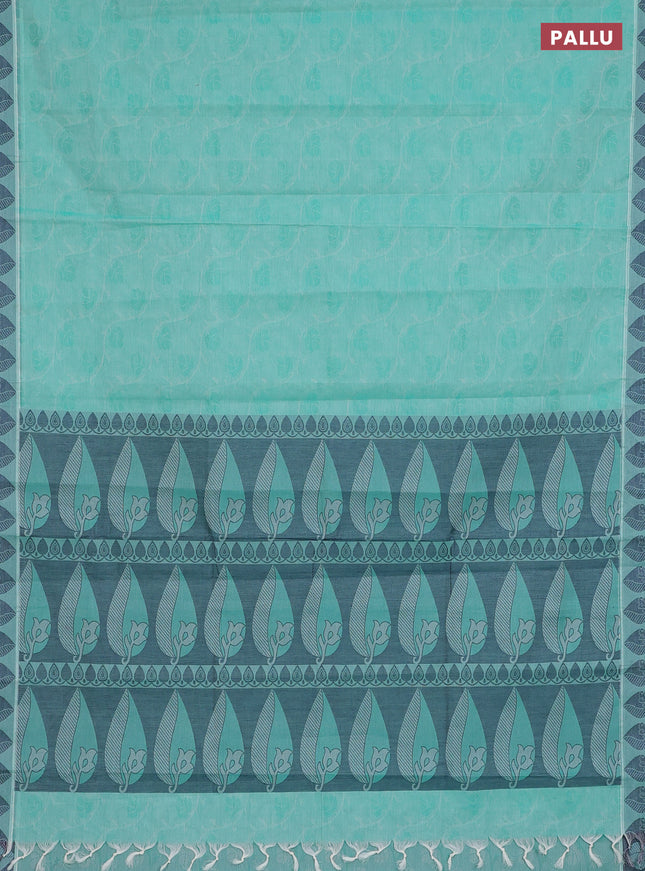 Coimbatore cotton saree teal gree shade with allover self emboss and thread woven border