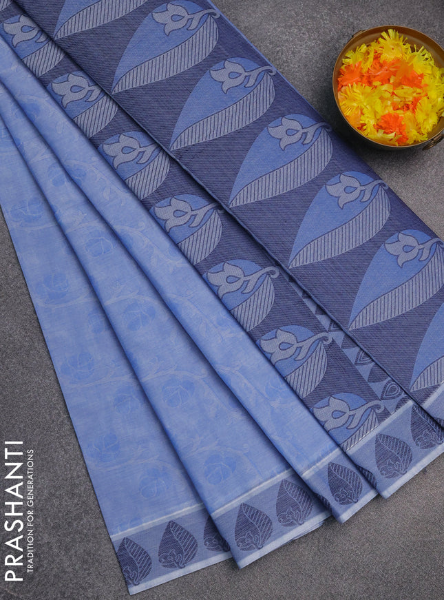 Coimbatore cotton saree blue shade with allover self emboss and thread woven border