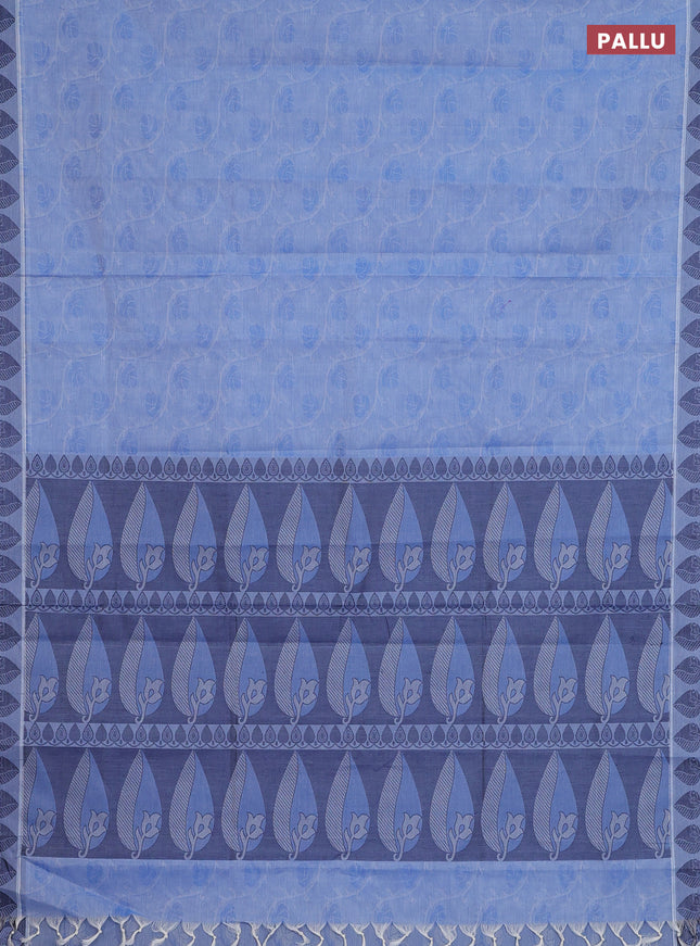 Coimbatore cotton saree blue shade with allover self emboss and thread woven border