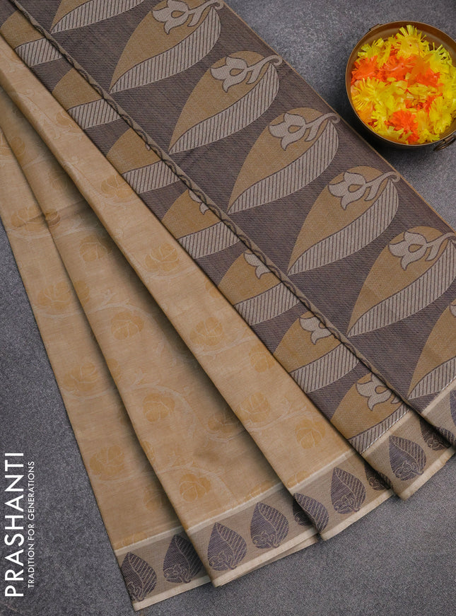 Coimbatore cotton saree sandal and dark blue with allover self emboss and thread woven border