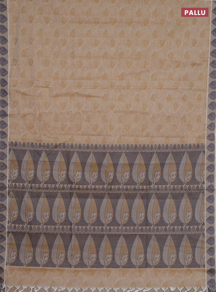 Coimbatore cotton saree sandal and dark blue with allover self emboss and thread woven border