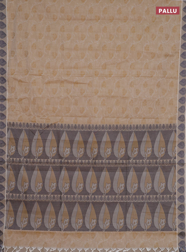 Coimbatore cotton saree sandal and dark blue with allover self emboss and thread woven border