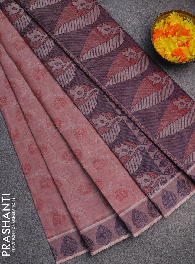 Coimbatore cotton saree pastel maroon and blue with allover self emboss and thread woven border